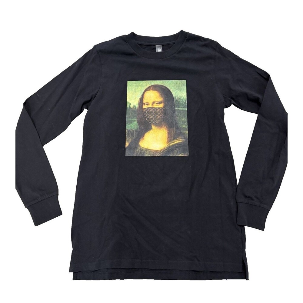 Womens Black Graphic Long Sleeve T-shirt - Mona Lisa in LV mask -S
